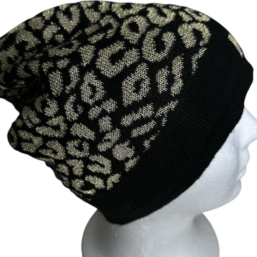 Michael Kors Black & Gold Soft Metallic Leopard Print Logo Hat/Beanie OS NWT